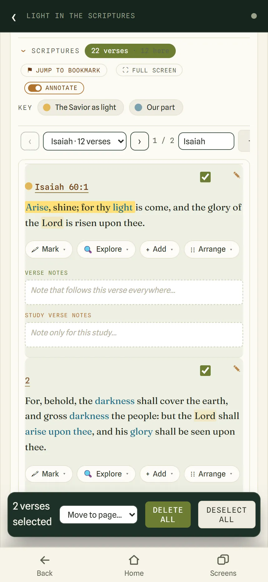 A study's Scriptures section on the Isaiah page, one of two pages, with two verses ticked and a bar at the bottom reading 2 verses selected and Move to page.
