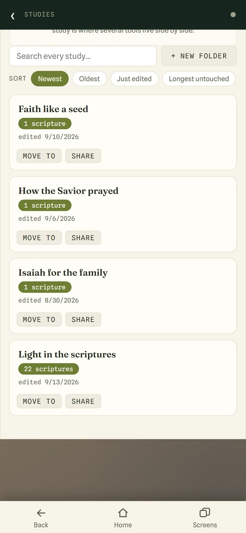 The Studies list with a search box, sort buttons and four study tiles: Faith like a seed, How the Savior prayed, Isaiah for the family, and Light in the scriptures.
