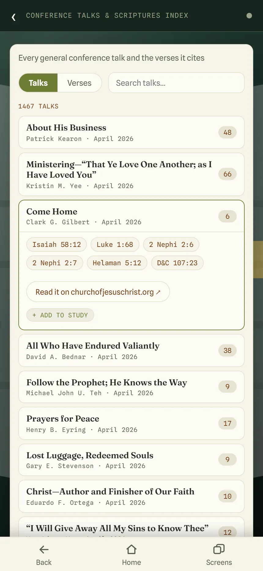 The Conference Talks and Scriptures Index listing 1467 talks newest first, with the talk Come Home opened to its six verses, a Read it on churchofjesuschrist.org link and an add to study button.