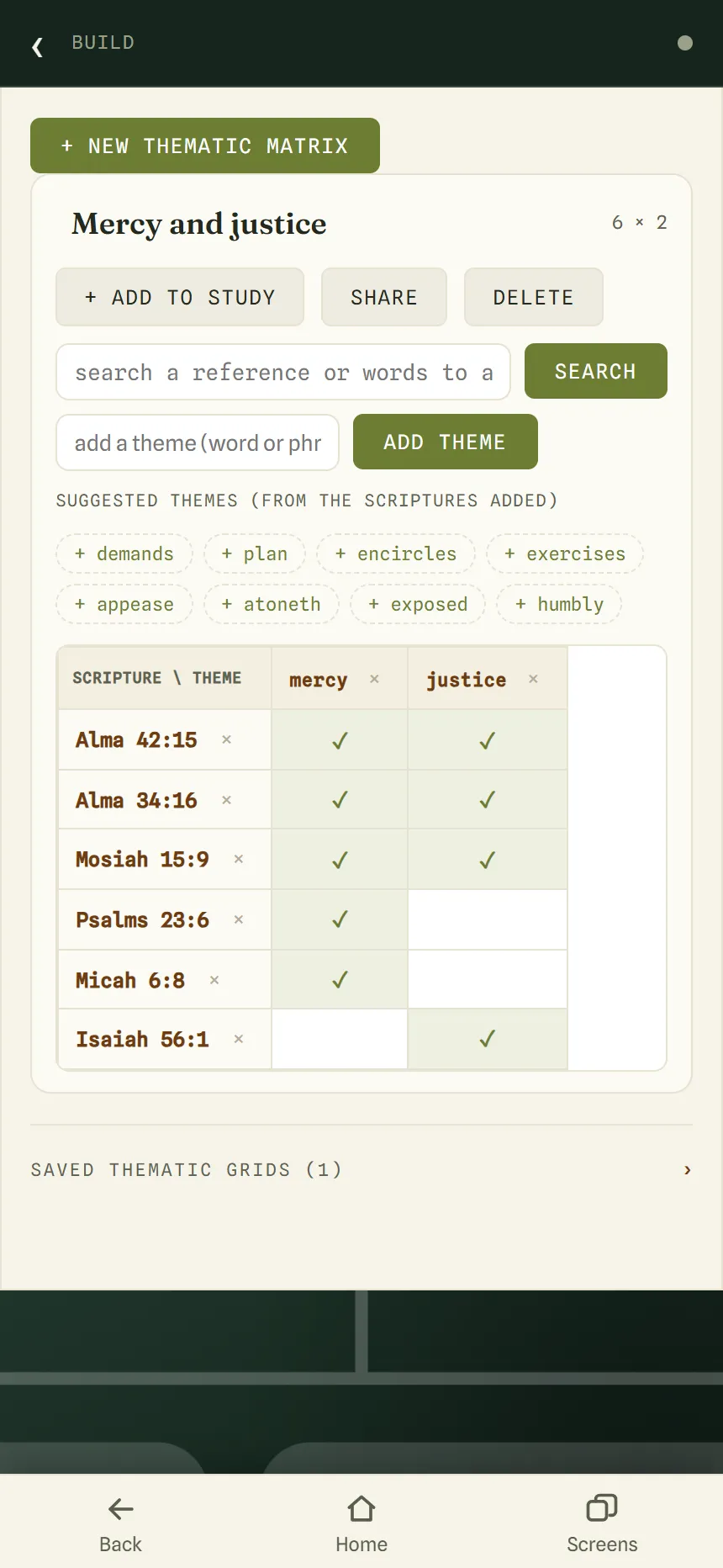 A thematic grid called Mercy and justice, with six verses marked for mercy, justice, or both.