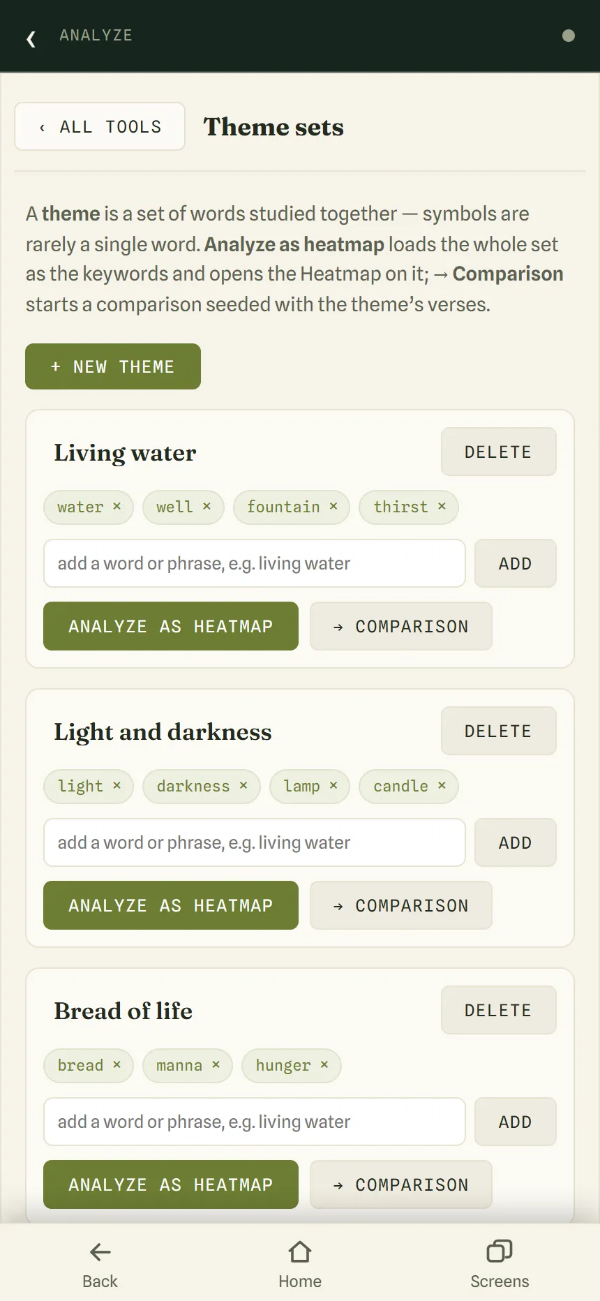 Three theme sets: Living water, Light and darkness, and Bread of life, each with its words and buttons.