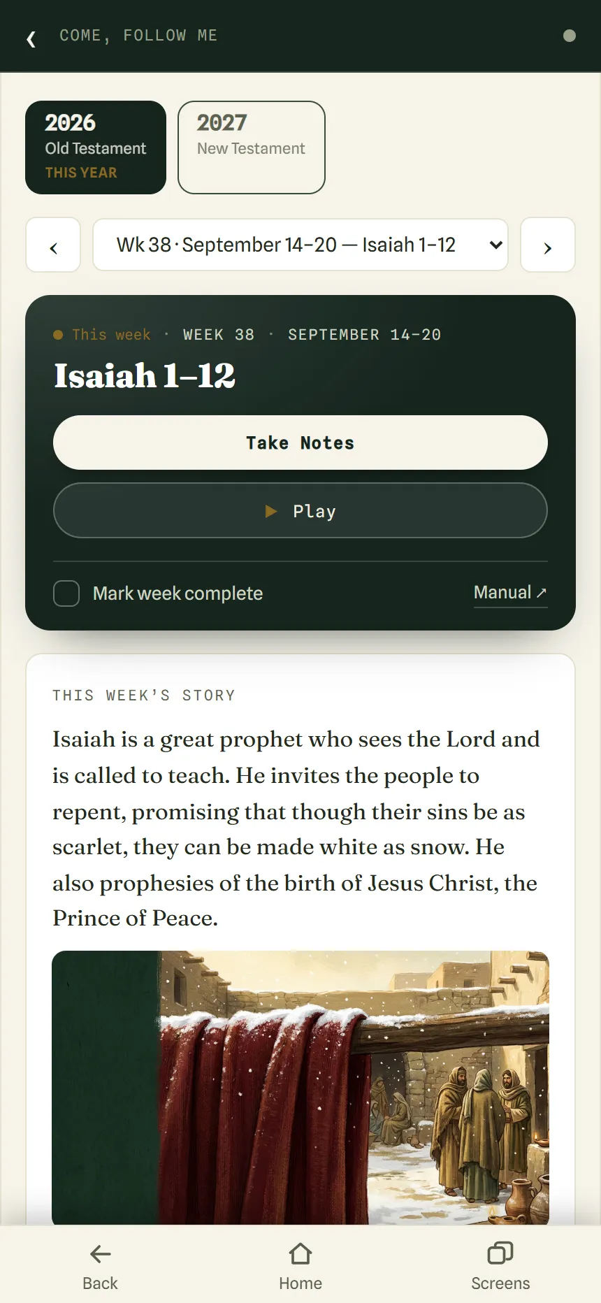 The Come, Follow Me page on a phone, showing week 38, Isaiah 1–12, with Take Notes and Play buttons and the start of the week’s story.