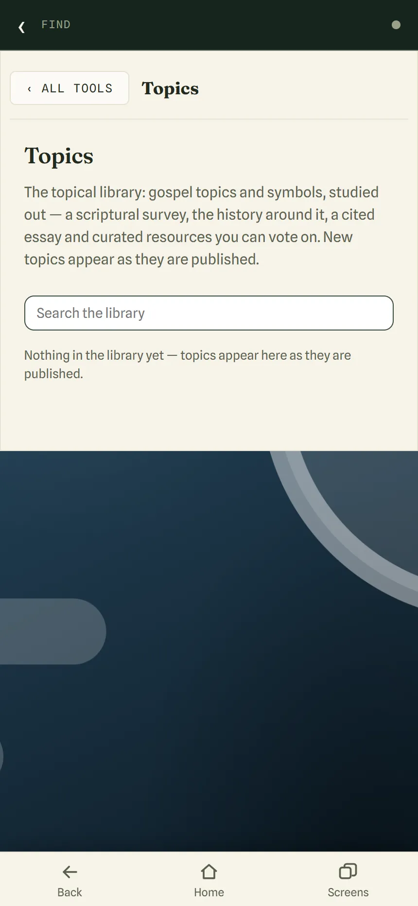 The Topics tool with its search box and a note that topics appear here as they are published.