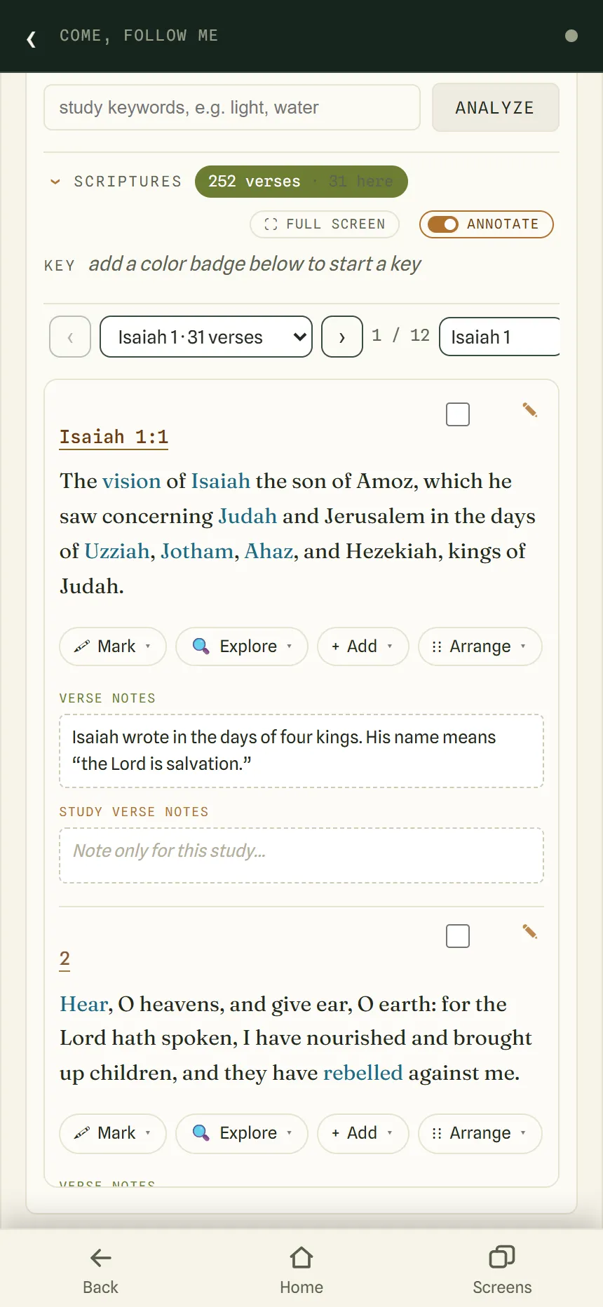 The week’s notes for Isaiah 1–12 with Annotate turned on, showing Isaiah 1:1 with a verse note about Isaiah’s name, and the chapter picker set to Isaiah 1.