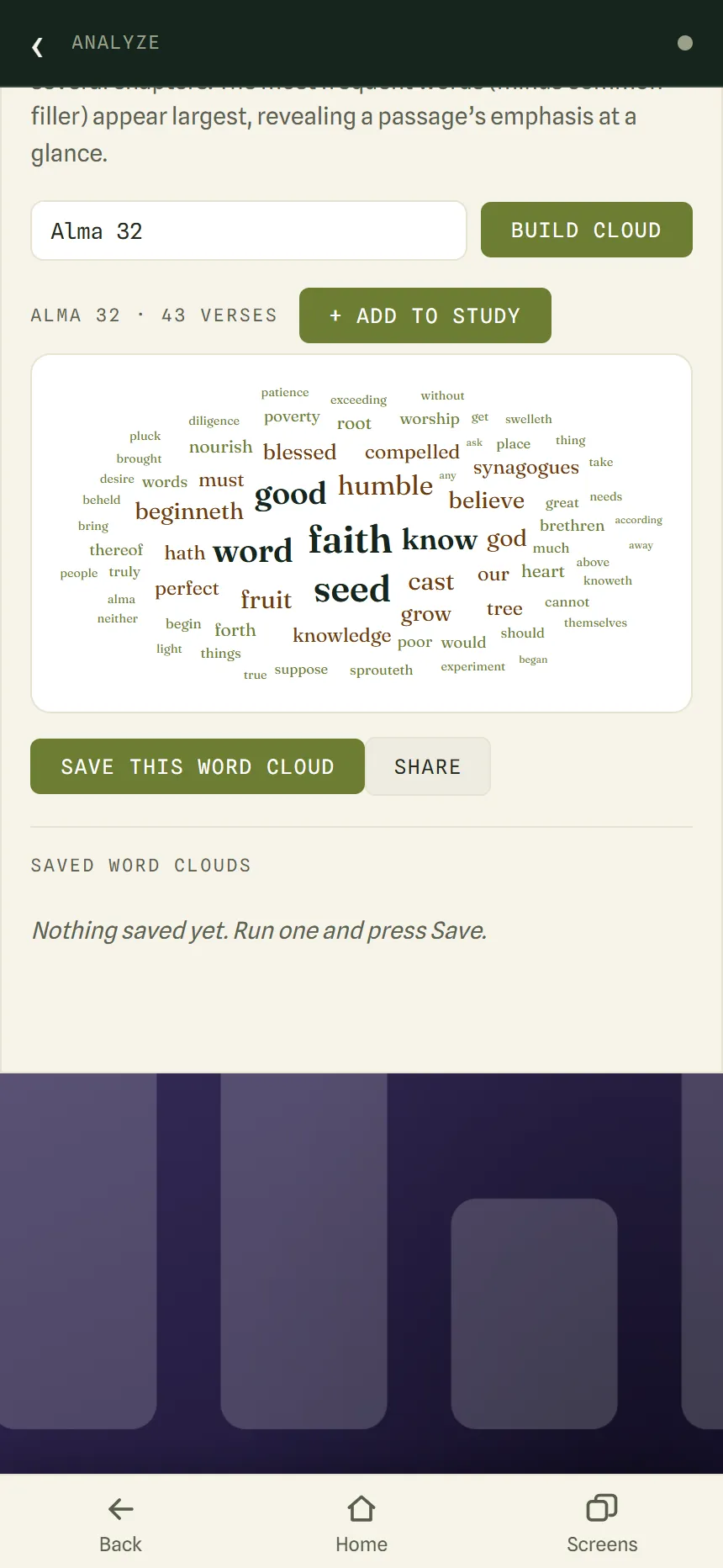 A word cloud for Alma 32, with faith, seed, word, know and good largest.