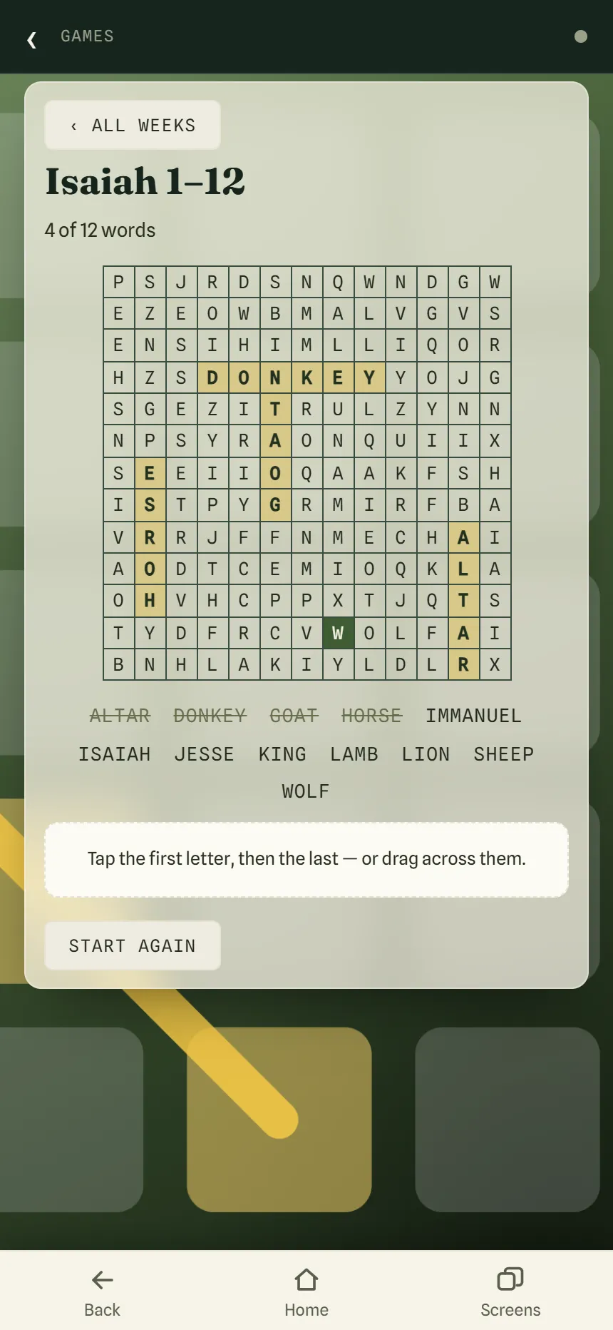 A Word Search for Isaiah 1-12 with four words found (altar, donkey, goat and horse) highlighted in the grid and crossed off the list.