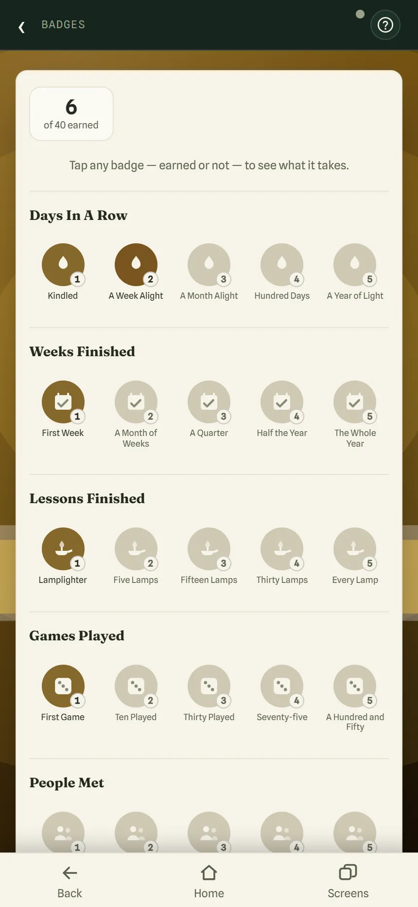The Badges page: rows of badges in five levels for days in a row, weeks finished, lessons finished and games played.