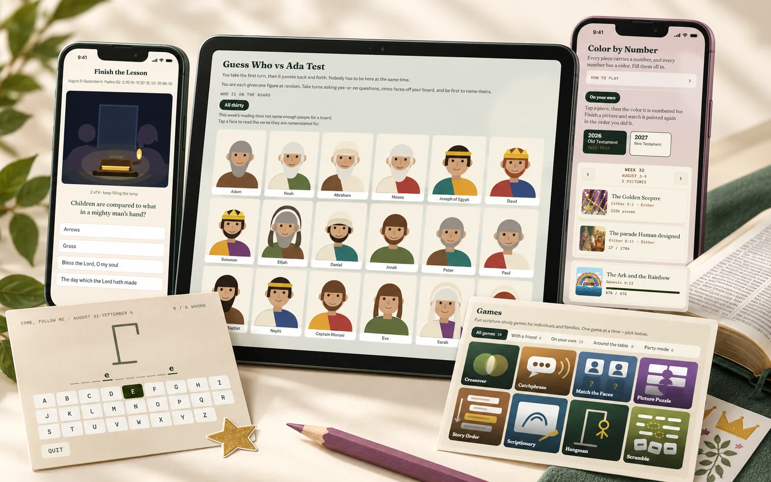 Practical Gospel on a phone, a tablet and paper: Finish the Lesson, a Guess Who board of scripture people, Color by Number, Hangman, and the games list